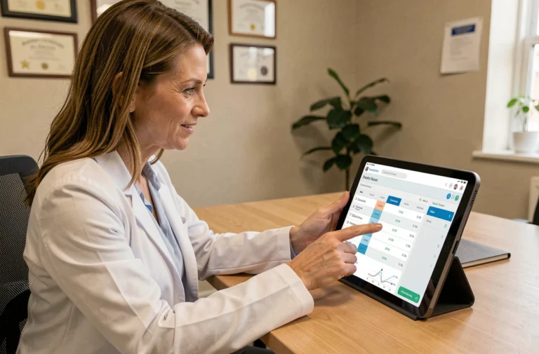 Médecin utilisant un logiciel de gestion de cabinet médical sur une tablette dans son bureau