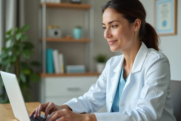 Médecin femme consultant un site web spécialisé en santé sur son ordinateur portable dans son cabinet professionnel
