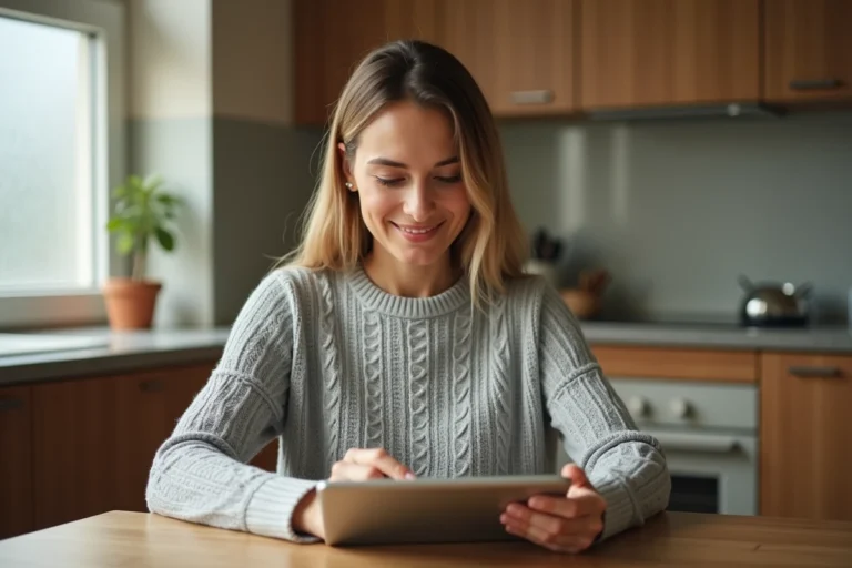 Mère consultant l'application de suivi scolaire One Connect sur une tablette dans une cuisine moderne
