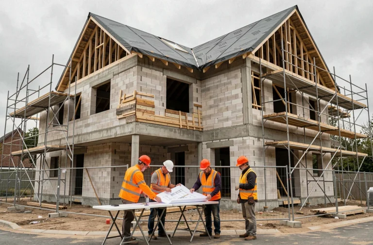 Chantier VEFA en cours avec toiture étanche et échafaudages, ouvriers examinant des plans architecturaux au premier plan