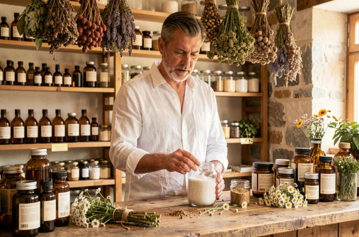 Naturopathe préparant des remèdes naturels à base de plantes médicinales pour le traitement d'une fistule anale sans chirurgie