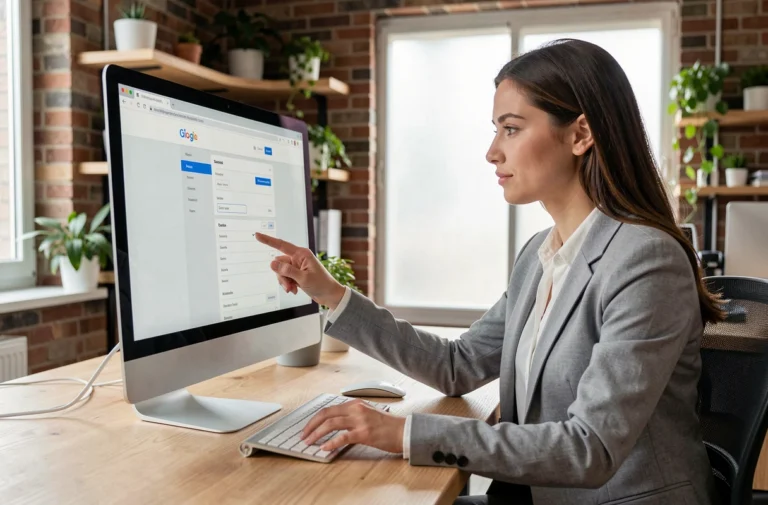 Femme professionnelle naviguant sur un site web bien structuré depuis son bureau moderne