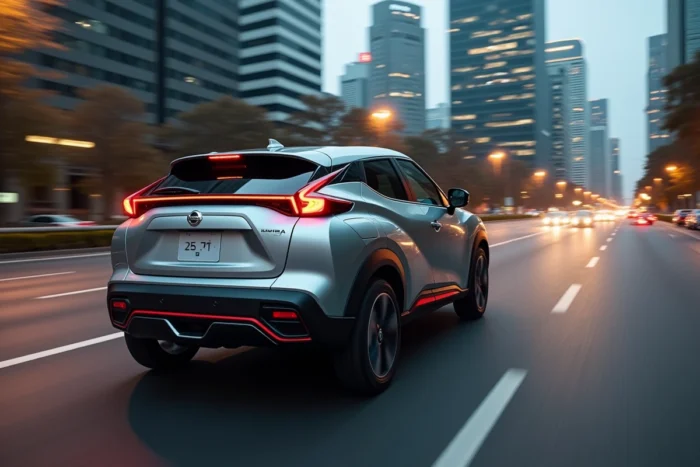 Nissan Juke 2026 hybride en mouvement sur un boulevard urbain, effet de filé photographique révélant le profil arrière dynamique du SUV