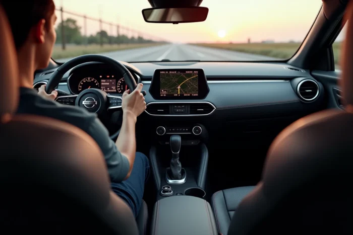Intérieur du Nissan Juke 2026 hybride avec tableau de bord numérique, écran tactile central et sièges à surpiqûres contrastées