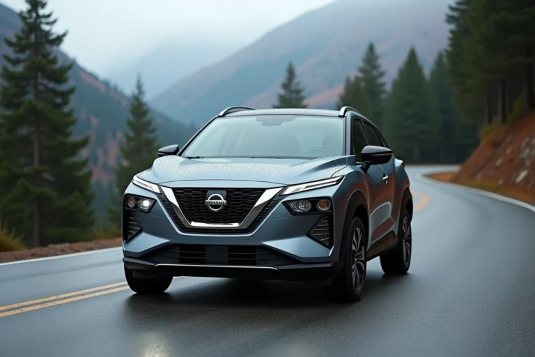 Nissan Juke 2026 hybride garé sur une route de montagne sinueuse, vue trois quarts avant, entouré de forêts de pins