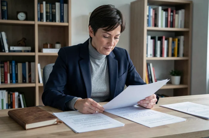 Femme novatrice en blazer marine comparant des documents imprimés dans un bureau à domicile épuré