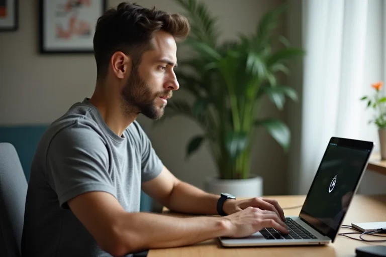 Homme concentré devant un ordinateur portable surveillant la vitesse de téléchargement sur un bureau en bois à domicile