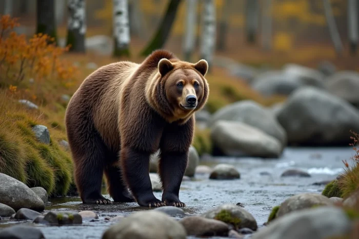 Ours brun européen au bord d'un torrent de montagne dans les Carpates, illustrant sa morphologie et sa taille naturelle