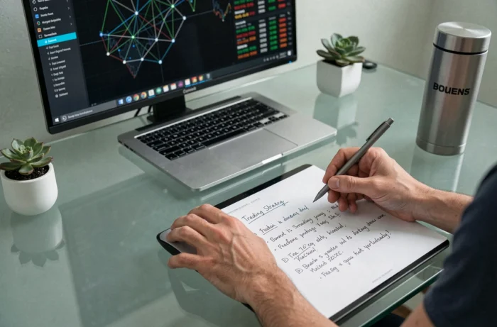 Gros plan sur les outils d'un trader crypto avec notes de stratégie manuscrites et visualisation de réseau blockchain en arrière-plan