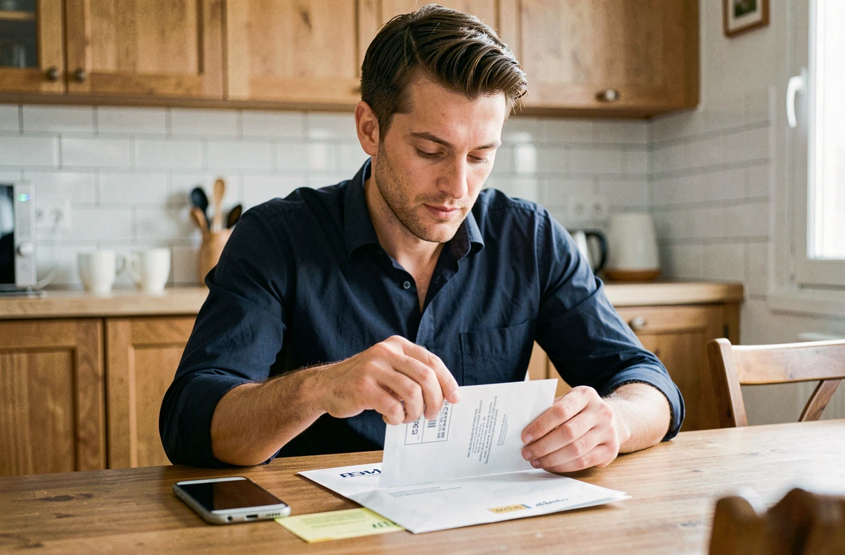 Homme ouvrant une lettre recommandée 2C reçue à son domicile avec l'avis de réception posé sur la table