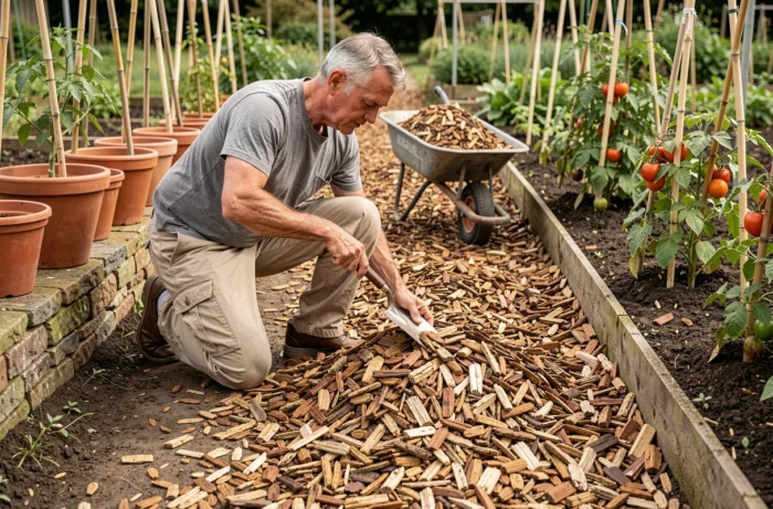 Jardinier appliquant du paillis de copeaux de bois pour stopper la prolifération des mauvaises herbes dans un potager