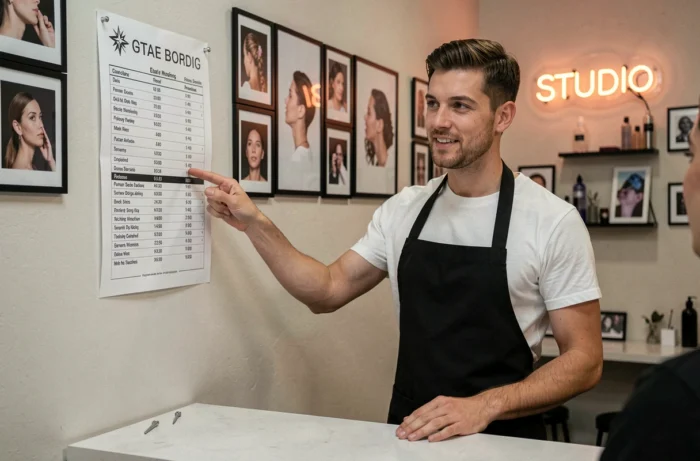 Perceur professionnel présentant une grille de tarifs de piercing à la réception de son studio à Montluçon