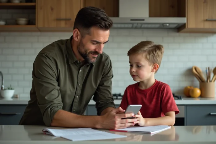 Père et fils consultant ensemble les notes scolaires sur smartphone grâce à l'application One Connect