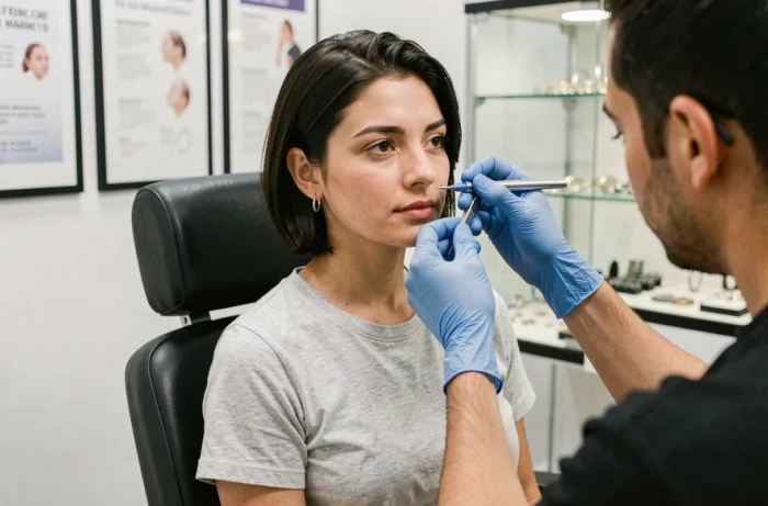 Jeune femme se faisant percer le cartilage de l'oreille dans un salon de piercing professionnel à Montluçon