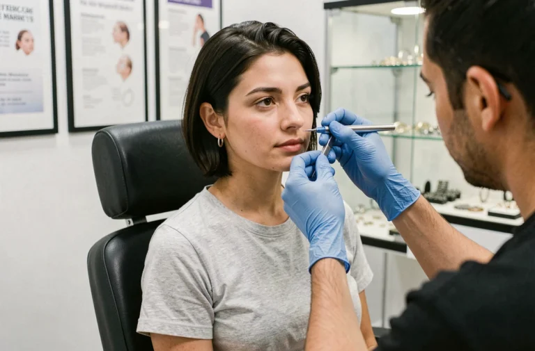 Jeune femme se faisant percer le cartilage de l'oreille dans un salon de piercing professionnel à Montluçon