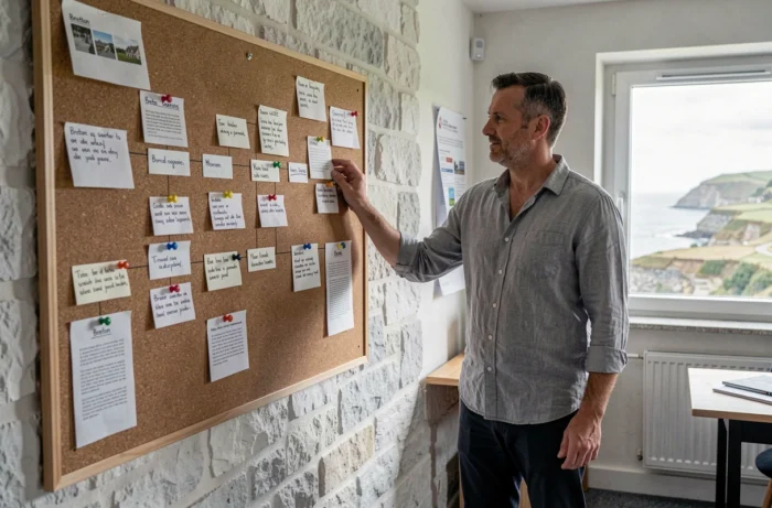 Homme analysant le plan de navigation d'un site web breton sur un tableau en liège dans un bureau côtier