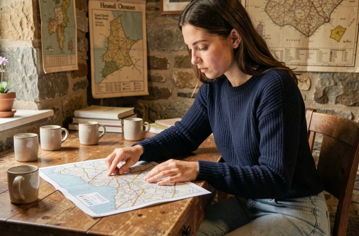Jeune femme consultant le plan de site Little Breizh sur une table en bois dans un bureau breton chaleureux