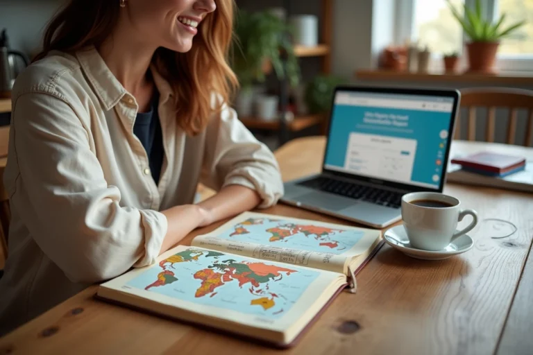 Femme planifiant un voyage avec un journal de voyage ouvert, une carte et un ordinateur portable sur une table en bois