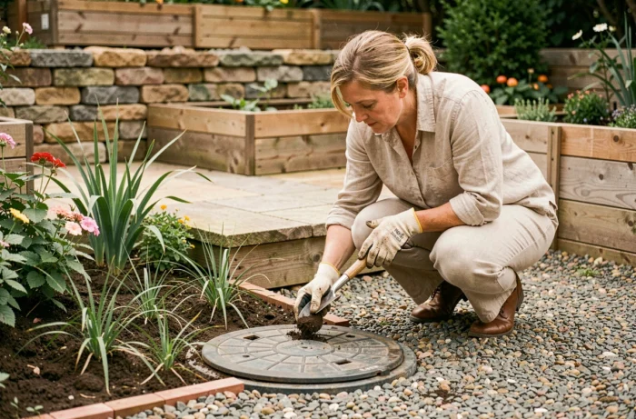 Femme qui plante des végétaux adaptés autour d'une fosse septique dans un jardin résidentiel