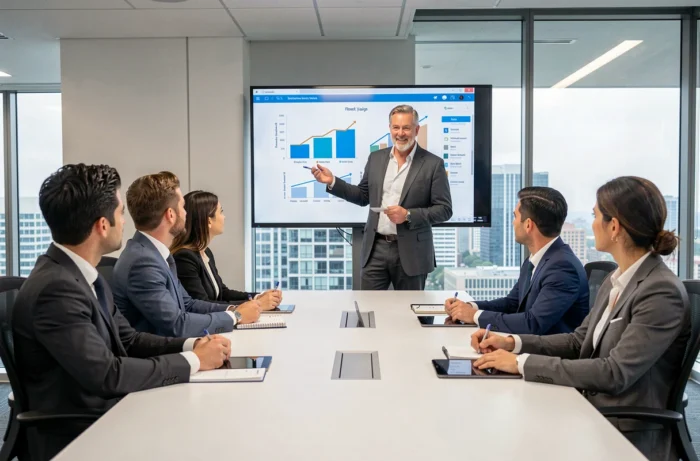 Chef d'entreprise présentant des résultats financiers et tendances entrepreneuriales à son équipe en salle de réunion