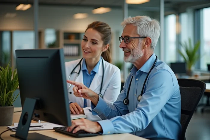 Deux professionnels de santé discutant d'une stratégie de site web spécialisé santé dans un espace de coworking médical
