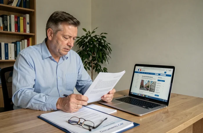 Propriétaire consultant une attestation de loyer sur ordinateur et documents CAF