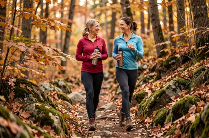 Deux femmes en randonnée sur un sentier forestier en automne, activité de plein air et loisirs pour les seniors