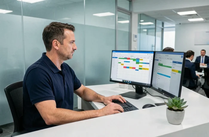 Réceptionniste médical gérant les rendez-vous patients sur un logiciel de cabinet médical