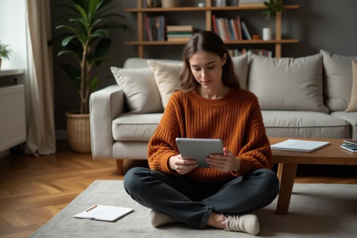 Jeune femme recherchant des alternatives à un annuaire sur tablette dans un salon confortable