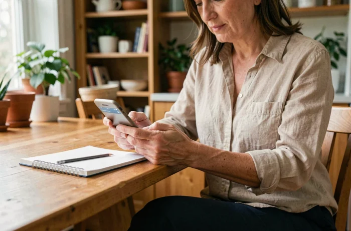 Femme recherchant les horaires Leroy Merlin sur son smartphone depuis chez elle