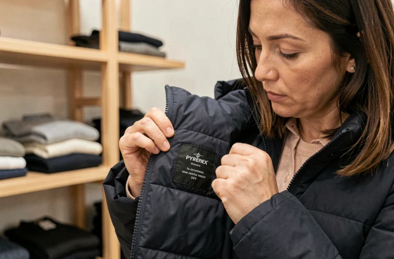 Femme examinant l'étiquette intérieure d'une doudoune Pyrenex authentique dans une boutique