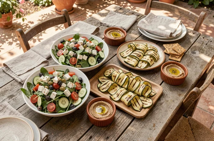 Table en bois rustique avec des plats légers méditerranéens, salade fraîche, courgettes grillées et houmous sur une terrasse
