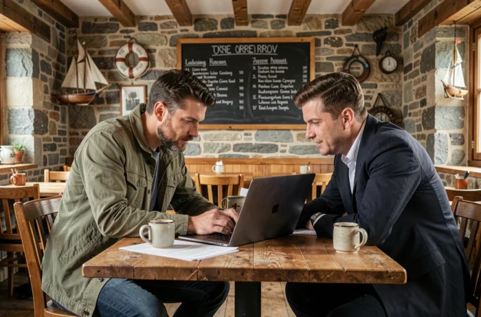 Deux entrepreneurs bretons en réunion de travail stratégique dans un café traditionnel en Bretagne