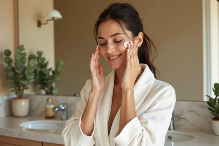 Femme appliquant de la crème hydratante devant son miroir dans une salle de bain moderne, routine beauté quotidienne