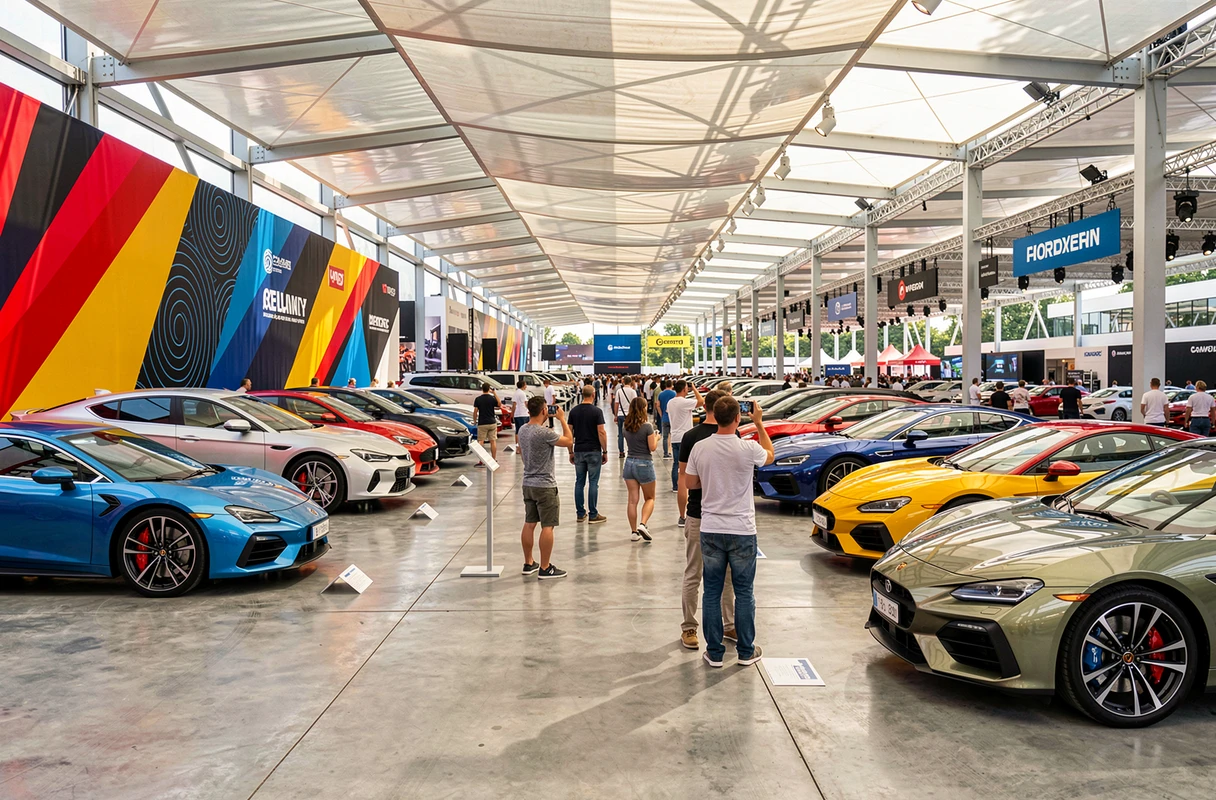 Salon automobile en plein air avec visiteurs admirant des voitures concept sur des podiums en béton poli