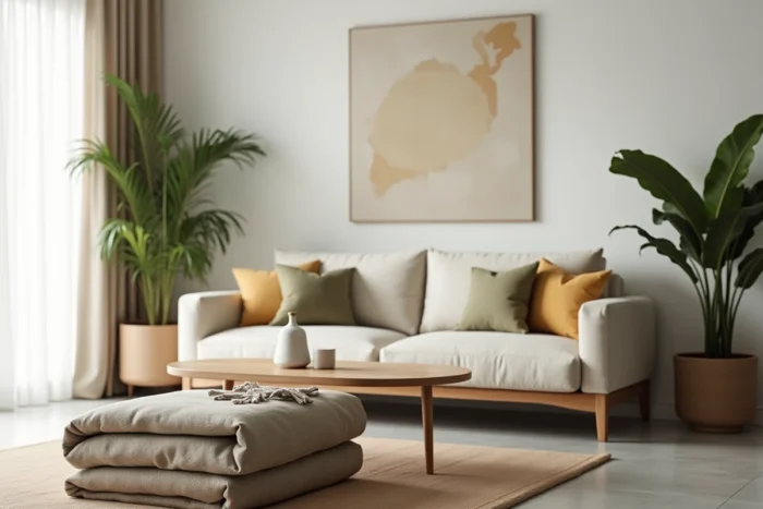 Salon moderne avec canapé en lin beige, table basse en chêne et décoration scandinave minimaliste dans un appartement contemporain