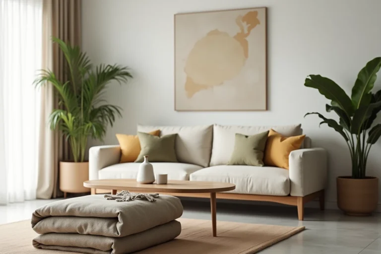 Salon moderne avec canapé en lin beige, table basse en chêne et décoration scandinave minimaliste dans un appartement contemporain