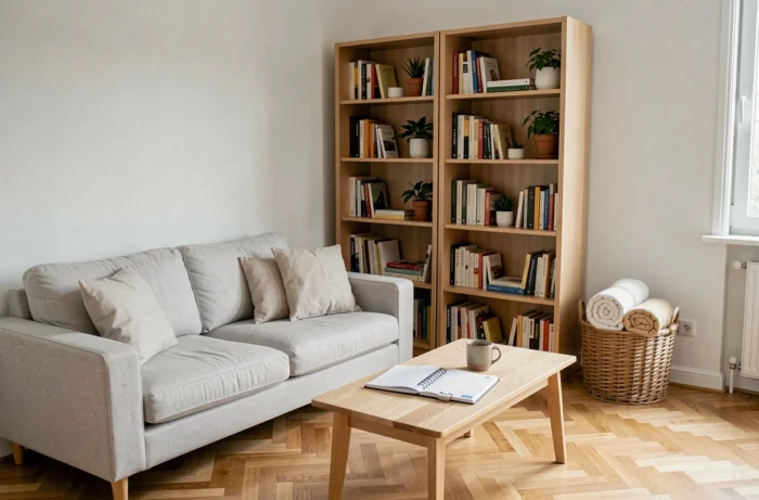 Salon scandinave bien organisé avec étagère en bois, coussins en lin et paniers de rangement décoratifs