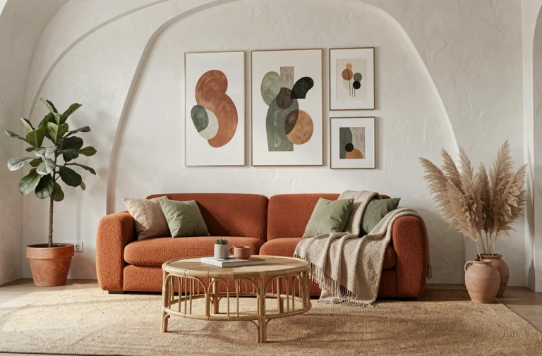Salon moderne décoré selon les dernières tendances intérieures avec canapé bouclé, palette terracotta et vert sauge, plantes et cadres dorés