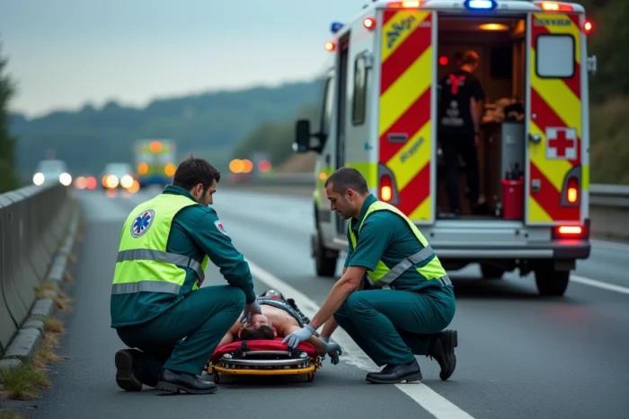 Équipe du SAMU prenant en charge un blessé sur l'autoroute A31 après un accident grave