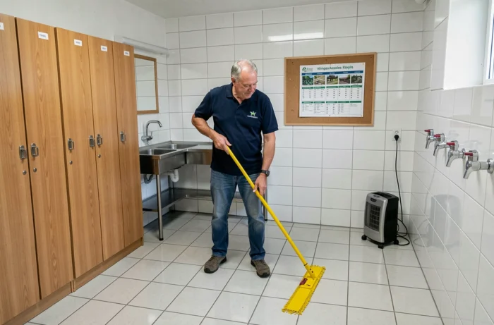 Gardien de camping nettoyant les sanitaires d'un camping français ouvert toute l'année avec équipements modernes