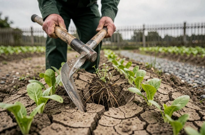 Sarclage des mauvaises herbes entre les rangées de semis avec une houe dans un jardin potager
