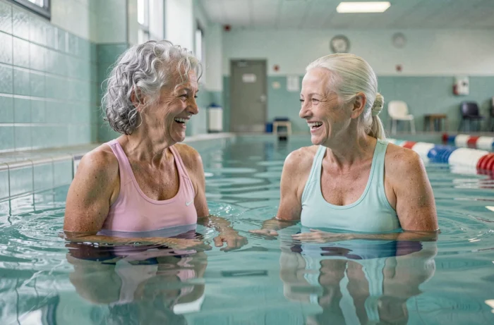 Deux femmes âgées pratiquant l'aquagym ensemble dans une piscine intérieure, souriantes et actives