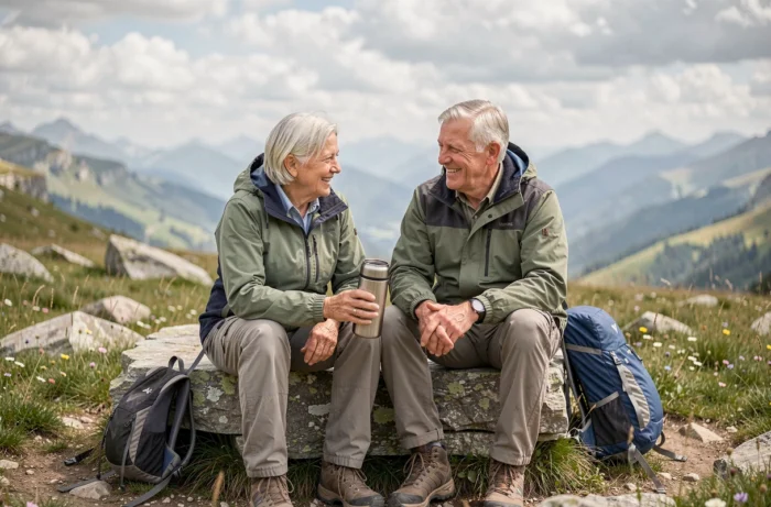 Couple de seniors célibataires faisant une pause sur un rocher en montagne lors d'une randonnée organisée par un club nature