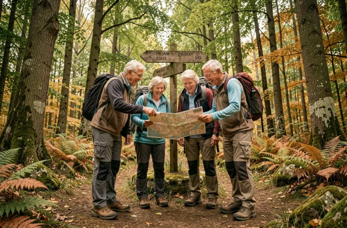 Groupe de seniors randonneurs en forêt consultant une carte autour d'un panneau de sentier en bois lors d'une sortie nature en club