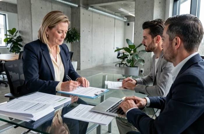 Signature d'un contrat de bail commercial entre une gérante et un agent immobilier en espace de co-working