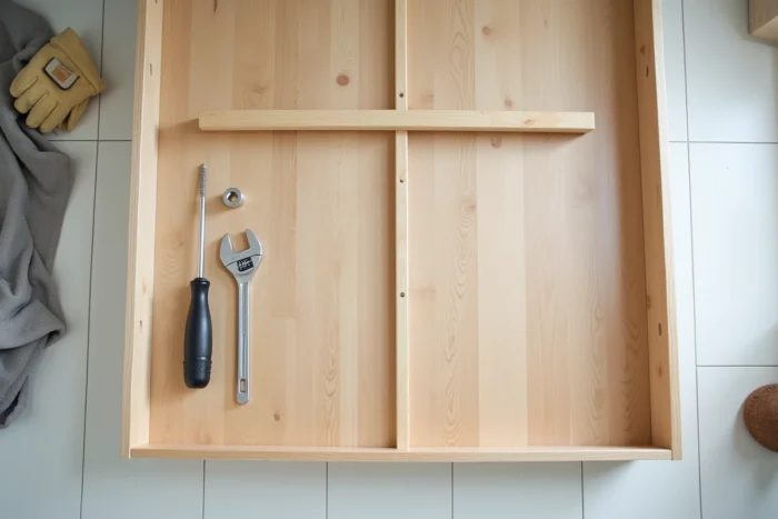 Vue aérienne des composants d'un sommier démonté avec outils de bricolage sur parquet clair