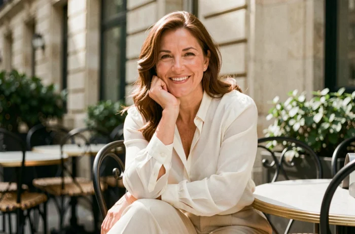 Femme élégante aux cheveux châtains souriante en terrasse de café parisien, évoquant la vie amoureuse et personnelle de Sophie Jovillard