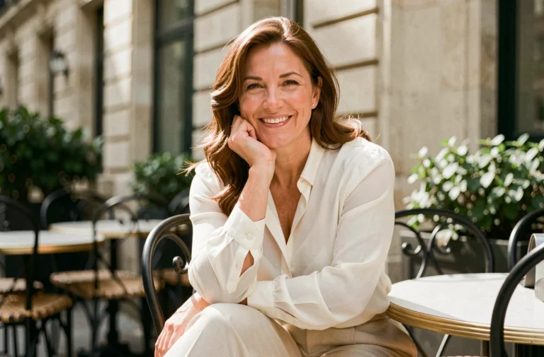 Femme élégante aux cheveux châtains souriante en terrasse de café parisien, évoquant la vie amoureuse et personnelle de Sophie Jovillard
