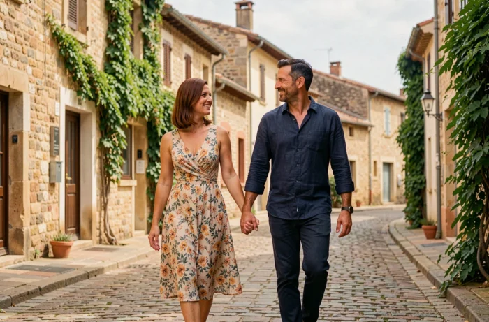 Couple élégant se promenant main dans la main dans un village provençal ensoleillé, illustrant la vie de couple et le mariage de Sophie Jovillard